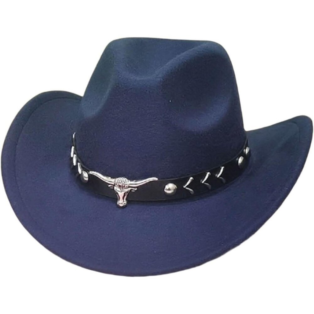 Unisex Blue 100% Polyester Bull Skull Band Classic Fedora Felt Cowboy Hat
